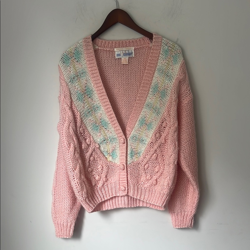 Ivy 80s Vintage Colorful Pink Cable Hand Knit Cardigan Sweater Size Small 🕶️